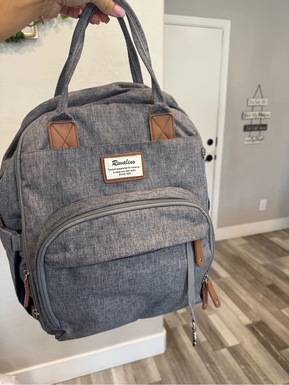 Rwalino Gray Baby Diaper Bag Backpack with Tan Accents